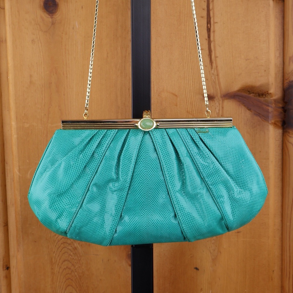 Vintage Judith Leiber Blue Green Turquoise Snakeskin Clutch Handbag Gemstone